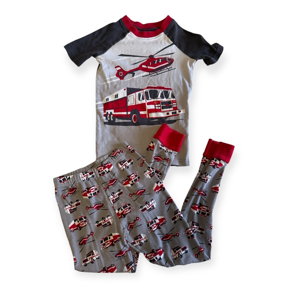🎈 5/$25 Fire Truck and Helicopter Kids Pajamas - Red and Gray